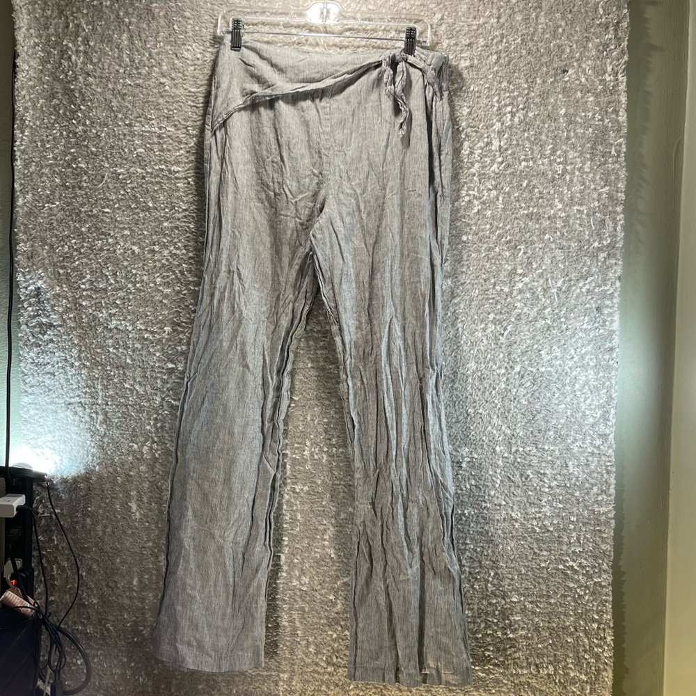 Michael Kors Wide Leg Linen Cotton Pants 8 Gray White Striped Tie-Waist Zip